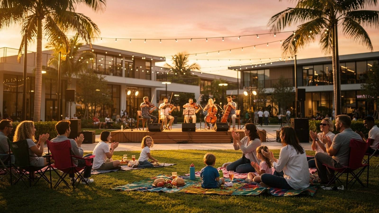 Families enjoying a free outdoor concert and community event at the Charles F. Dodge City Center in Pembroke Pines on a warm evening, with palm trees and city lights