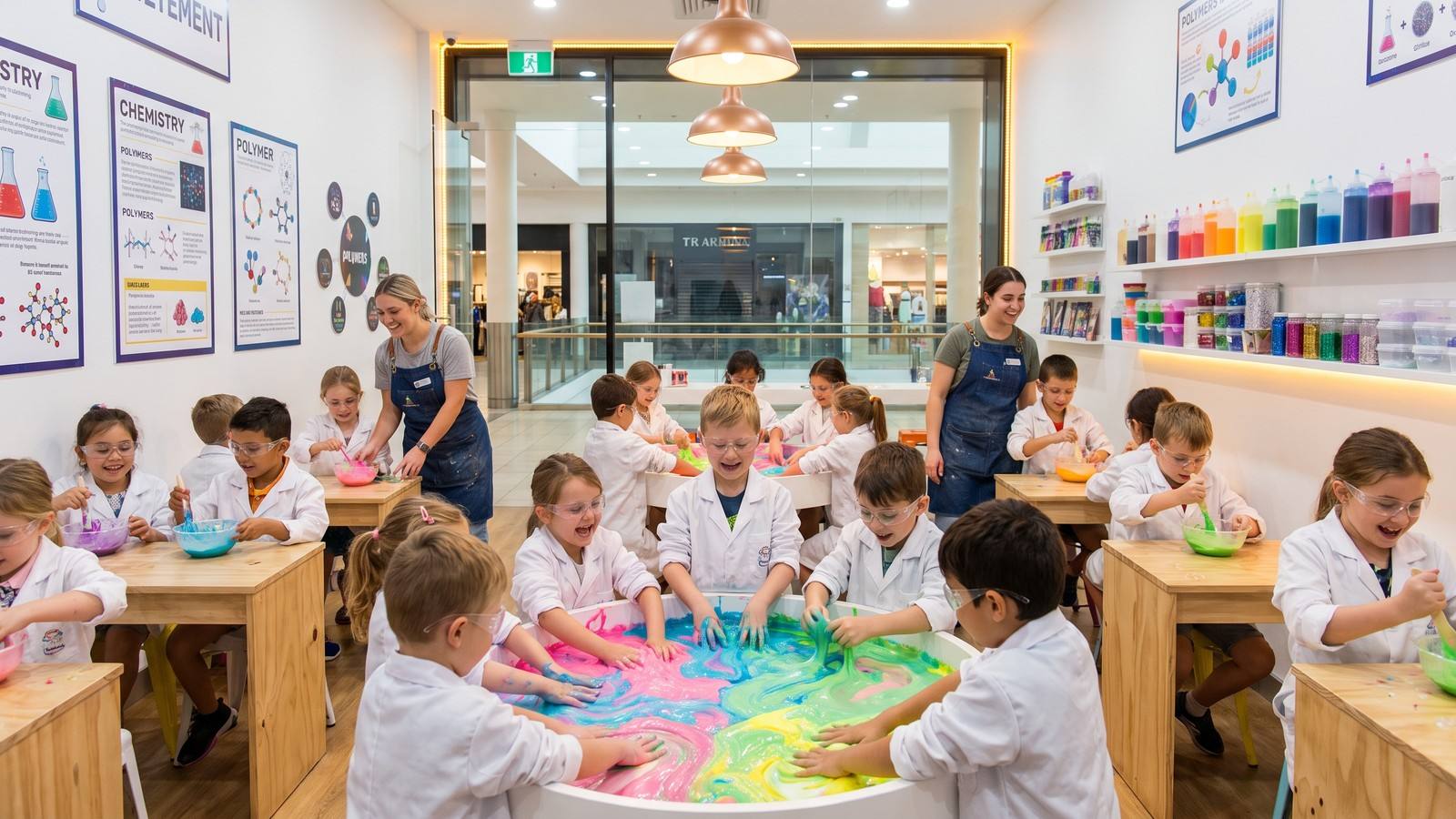Children in white lab coats and safety goggles happily making colorful slime at individual workstations inside a bright science-lab themed activity space