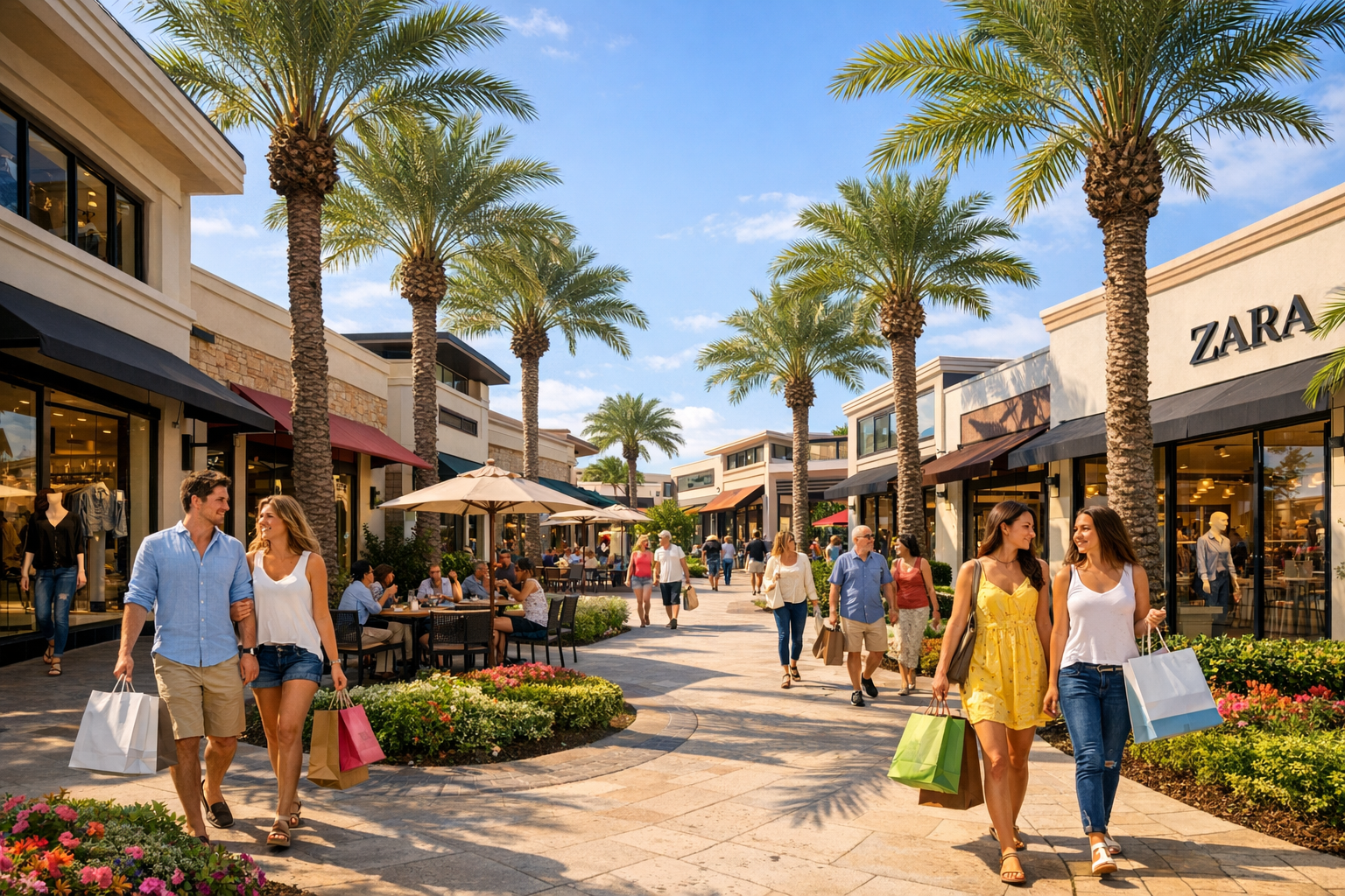 A warm open-air shopping plaza in South Florida with landscaped walkways, palm trees, and shoppers carrying bags under bright blue skies