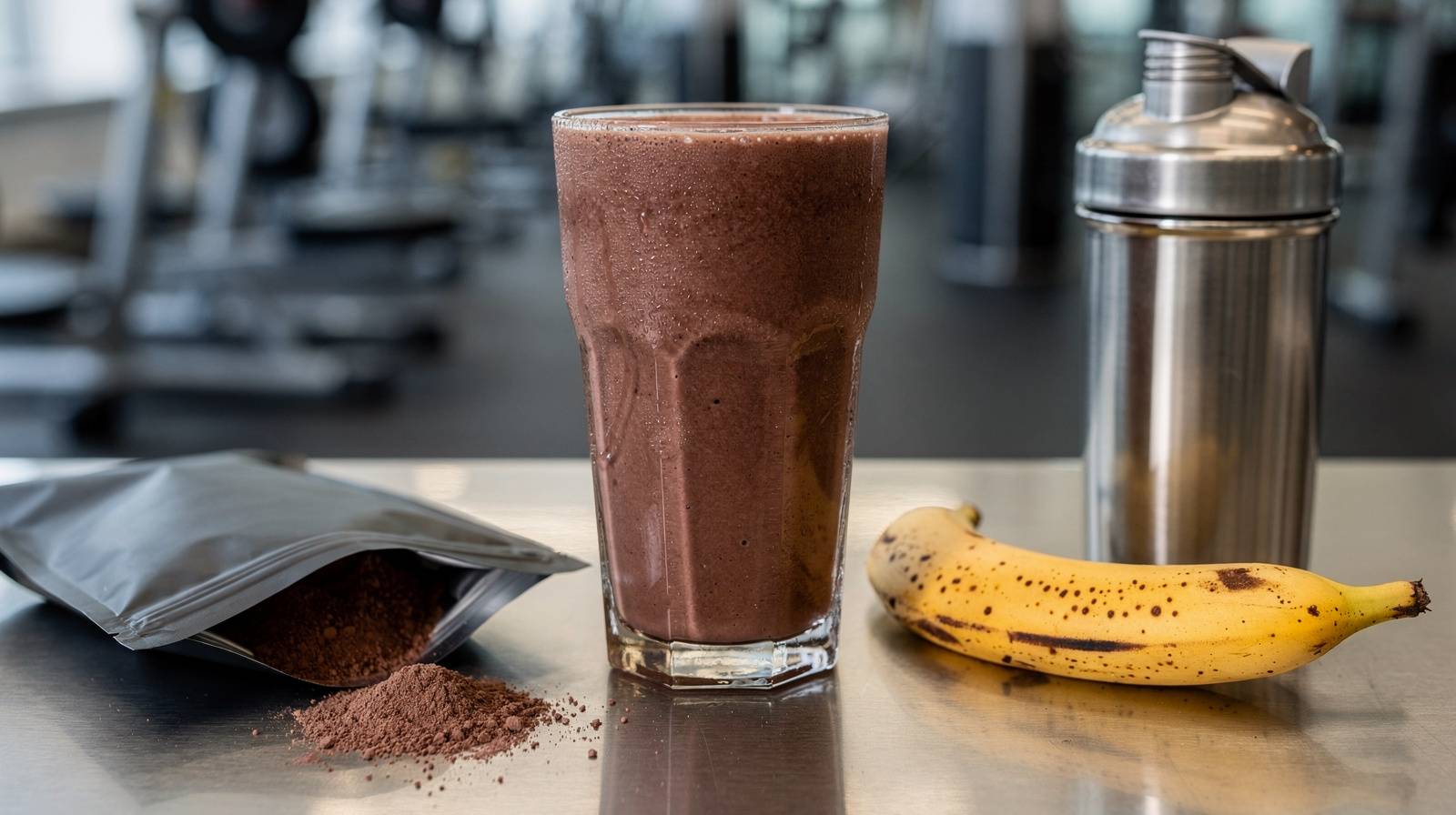 Protein shake on a fitness counter beside banana and shaker bottle