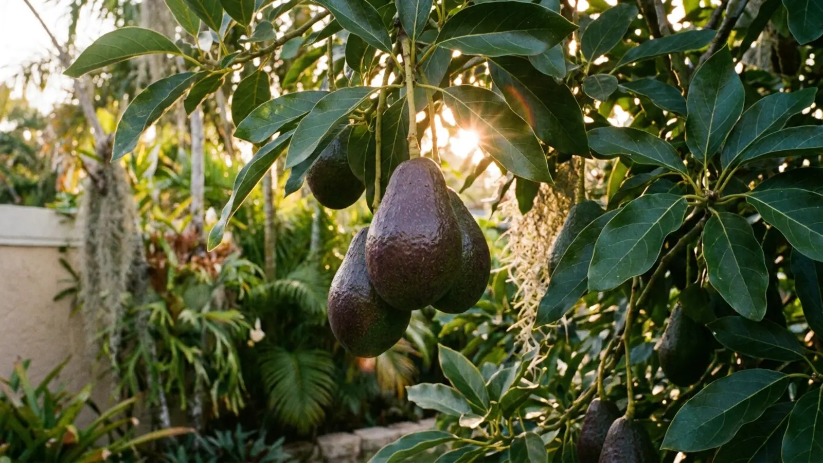 Ripe avocado fruit hanging from tree branches with dark green glossy leaves