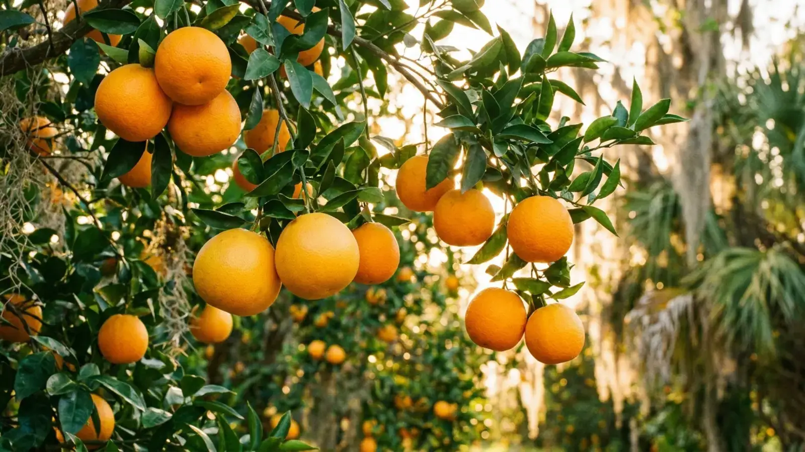 Ripe oranges and grapefruit hanging from citrus tree branches with glossy green leaves