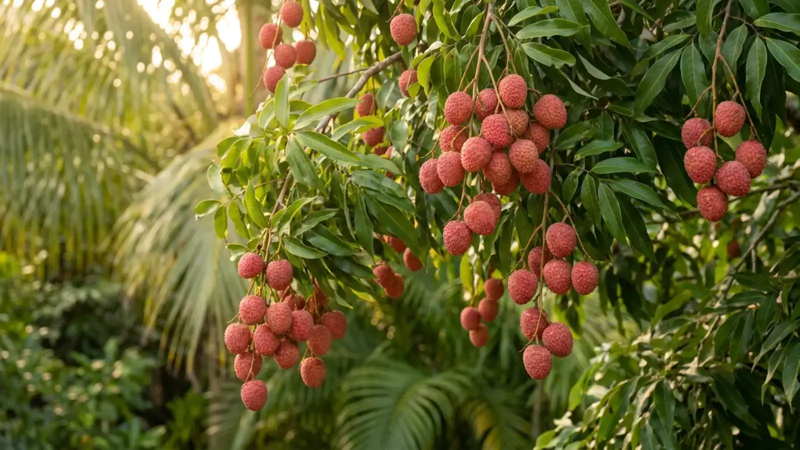 Ripe lychee fruit clusters hanging from tree branches with compound green leaves