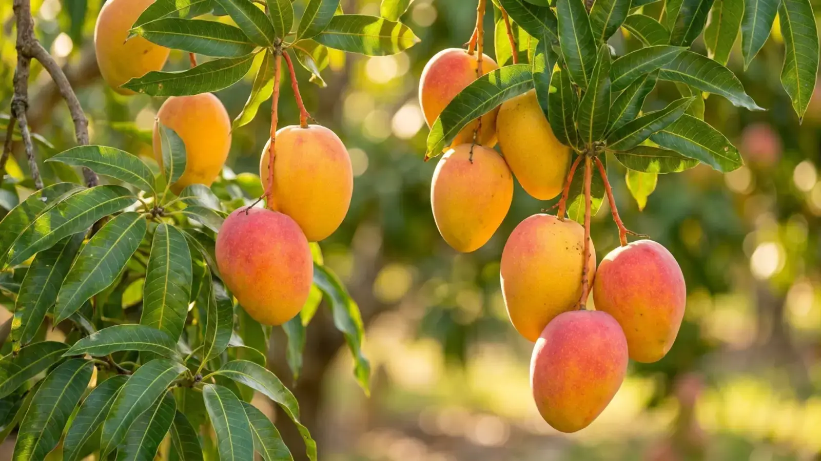 Ripe mango fruit hanging from tree branches with glossy green leaves