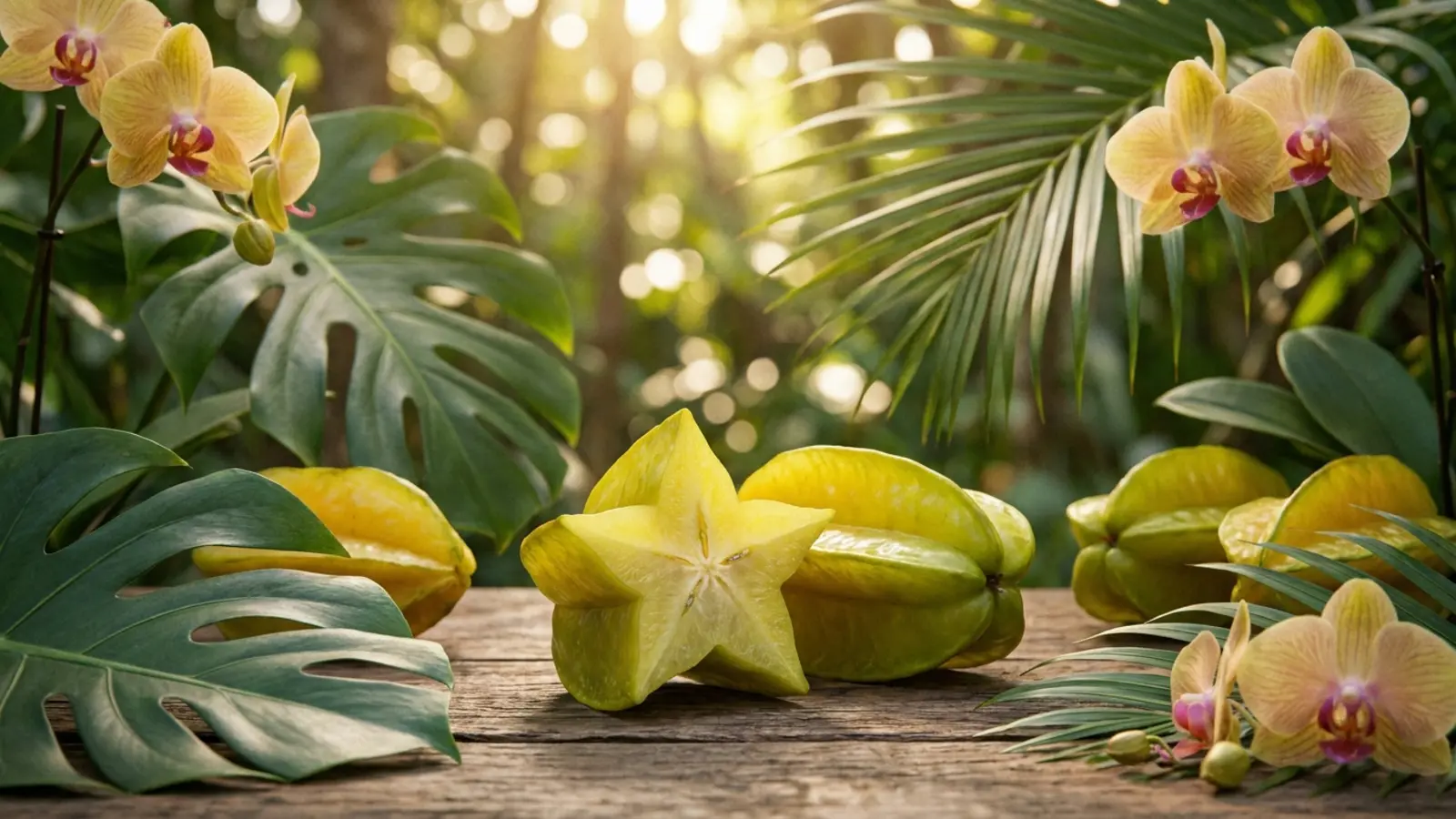 Star fruit sliced showing star cross-section with whole fruits and tropical leaves