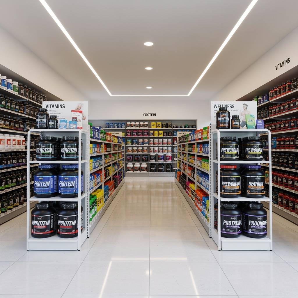 Sports nutrition and wellness supplement store with protein powders and fitness products