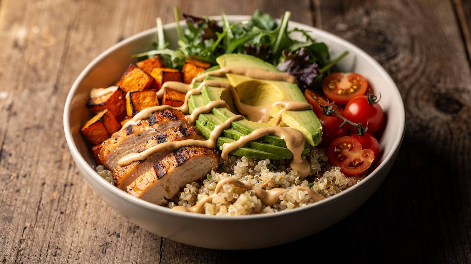Grain bowls with roasted vegetables, avocado, and fresh herbs on a light wooden table