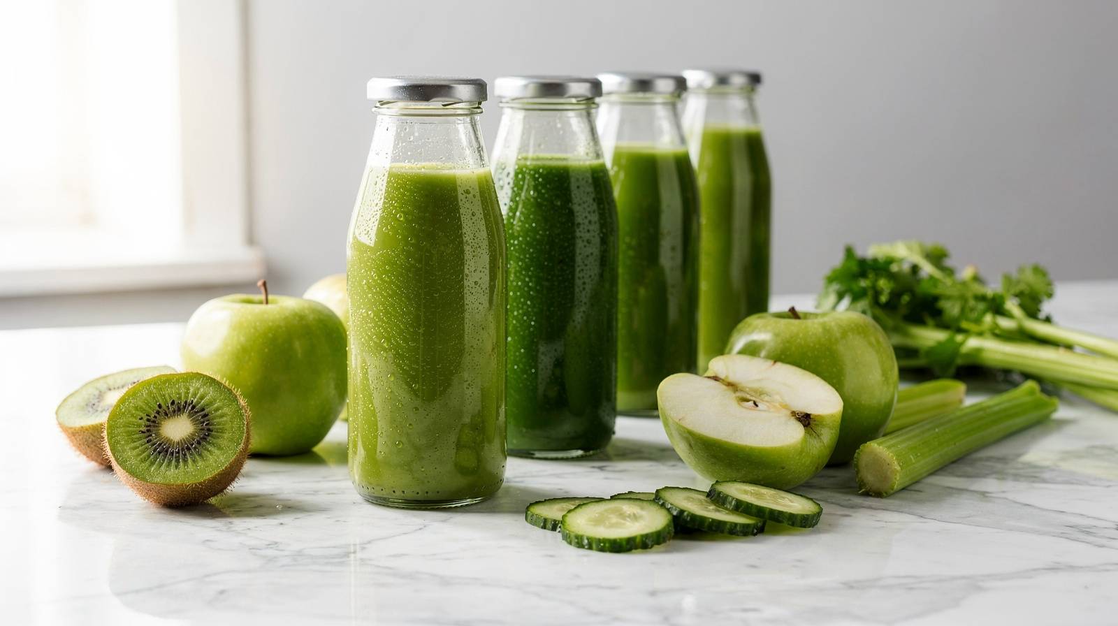 Fresh green cold-pressed juices in glass bottles beside kiwi, apple, and cucumber