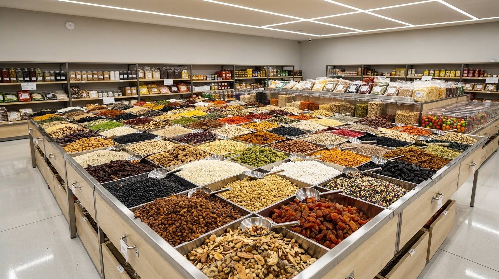 Bulk bins of nuts, dried fruits, grains, and seeds in a natural foods store