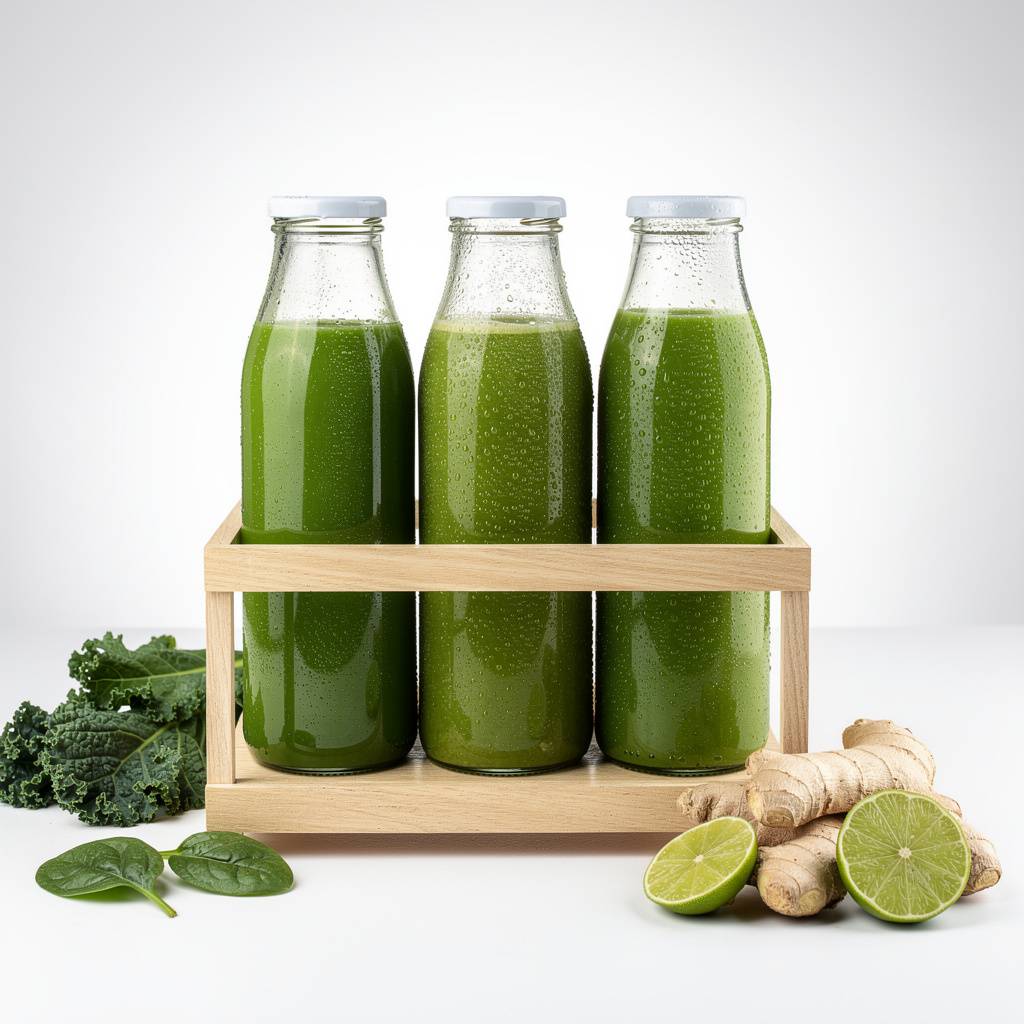 Tall glass bottles of emerald green cold-pressed juices with kale spinach and cucumber on wooden display stand with ginger root