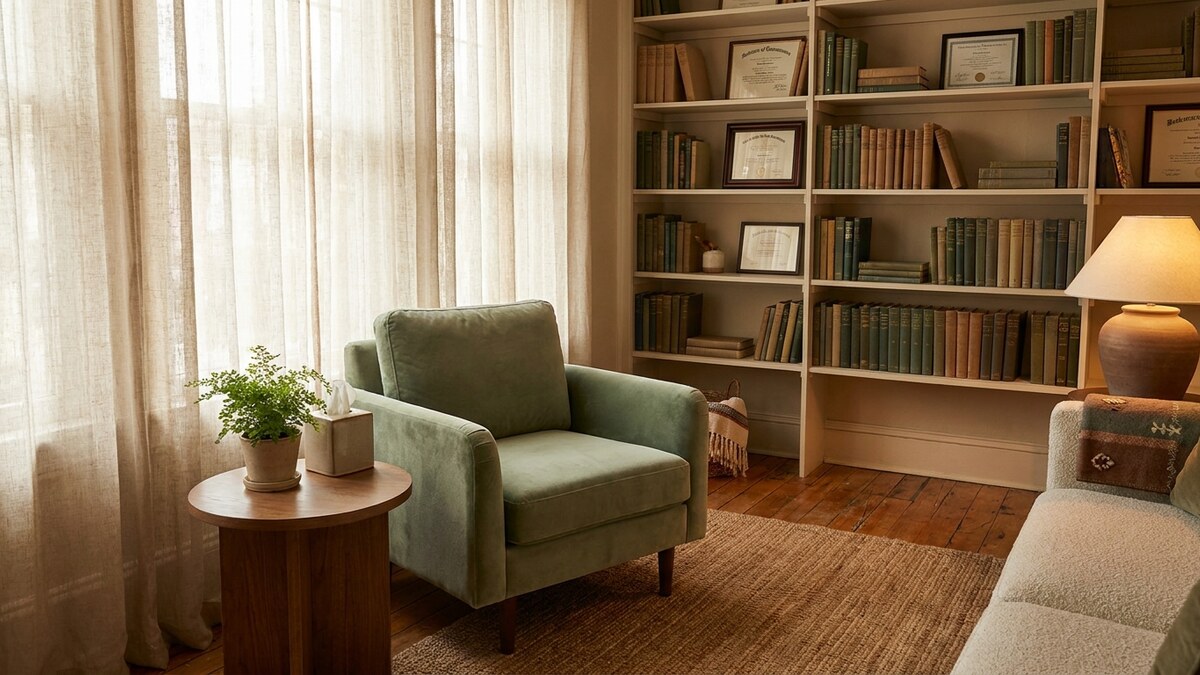 Warm, inviting counseling office with comfortable seating and natural light