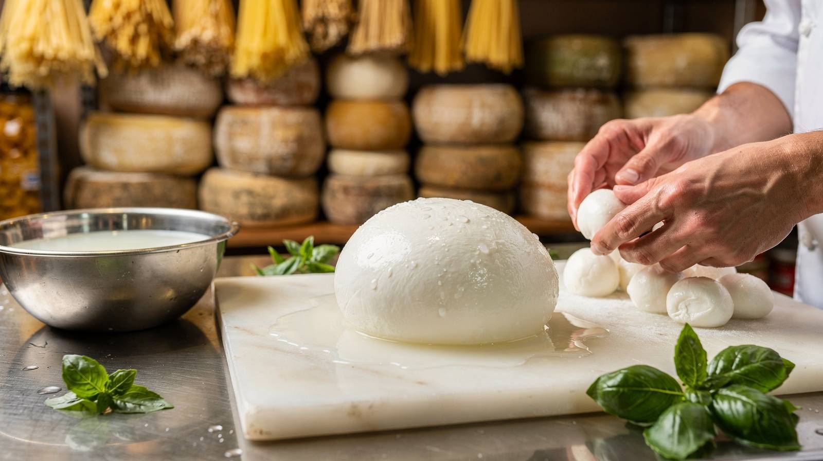 Fresh mozzarella-making station at Italian specialty market