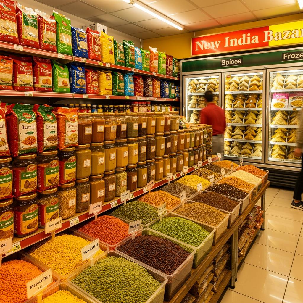 Indian grocery store with basmati rice, spices, and frozen foods