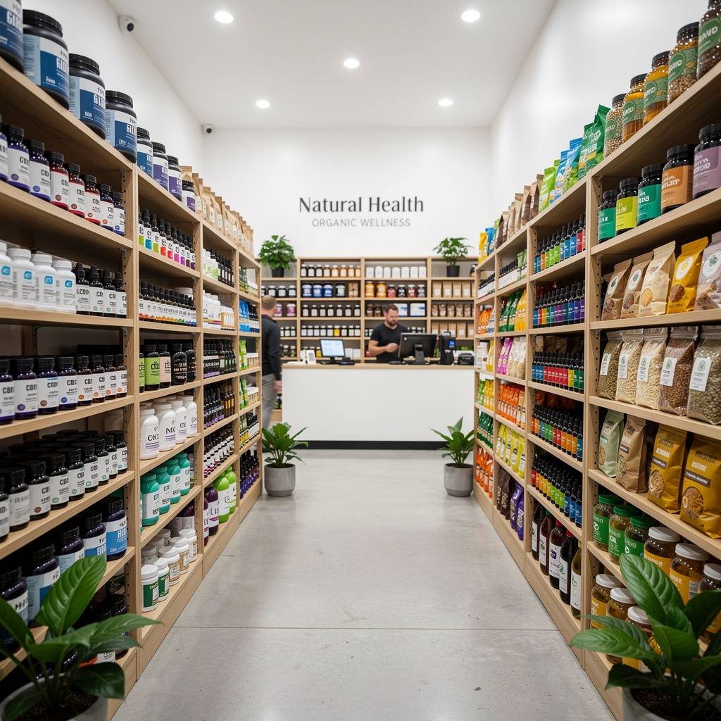 Natural foods and supplements store interior with vitamins and organic products
