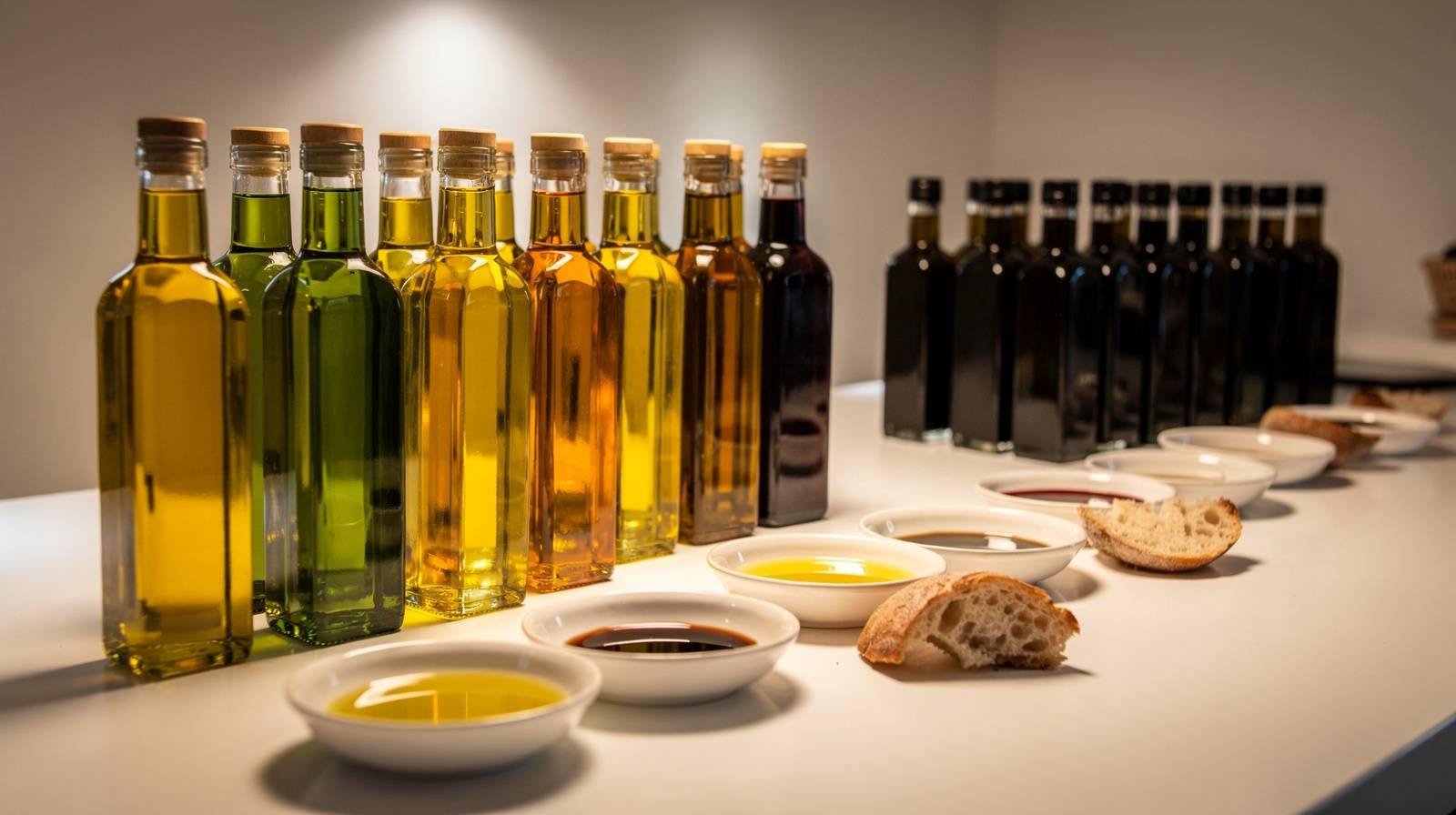 Premium olive oil and balsamic vinegar tasting bar display with elegant bottles