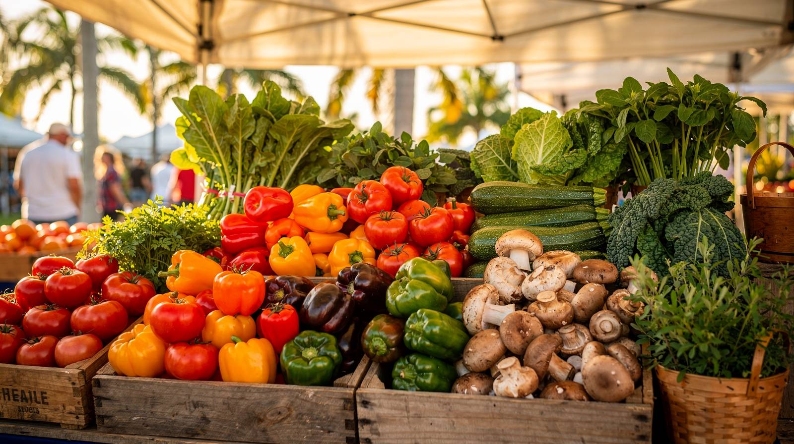 Colorful produce displayed in woven baskets at an outdoor farm stand