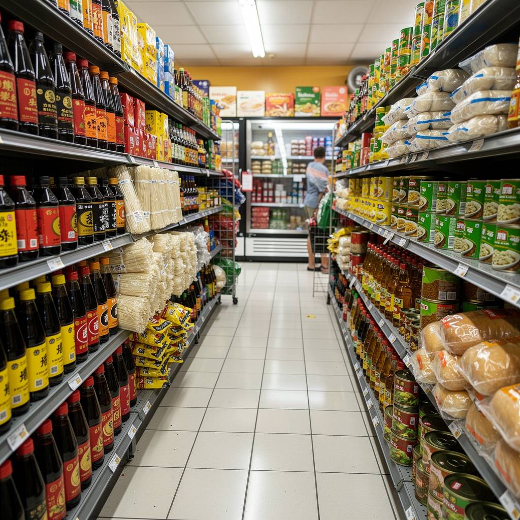 Pan-Asian grocery store interior with noodles, sauces, and bakery items