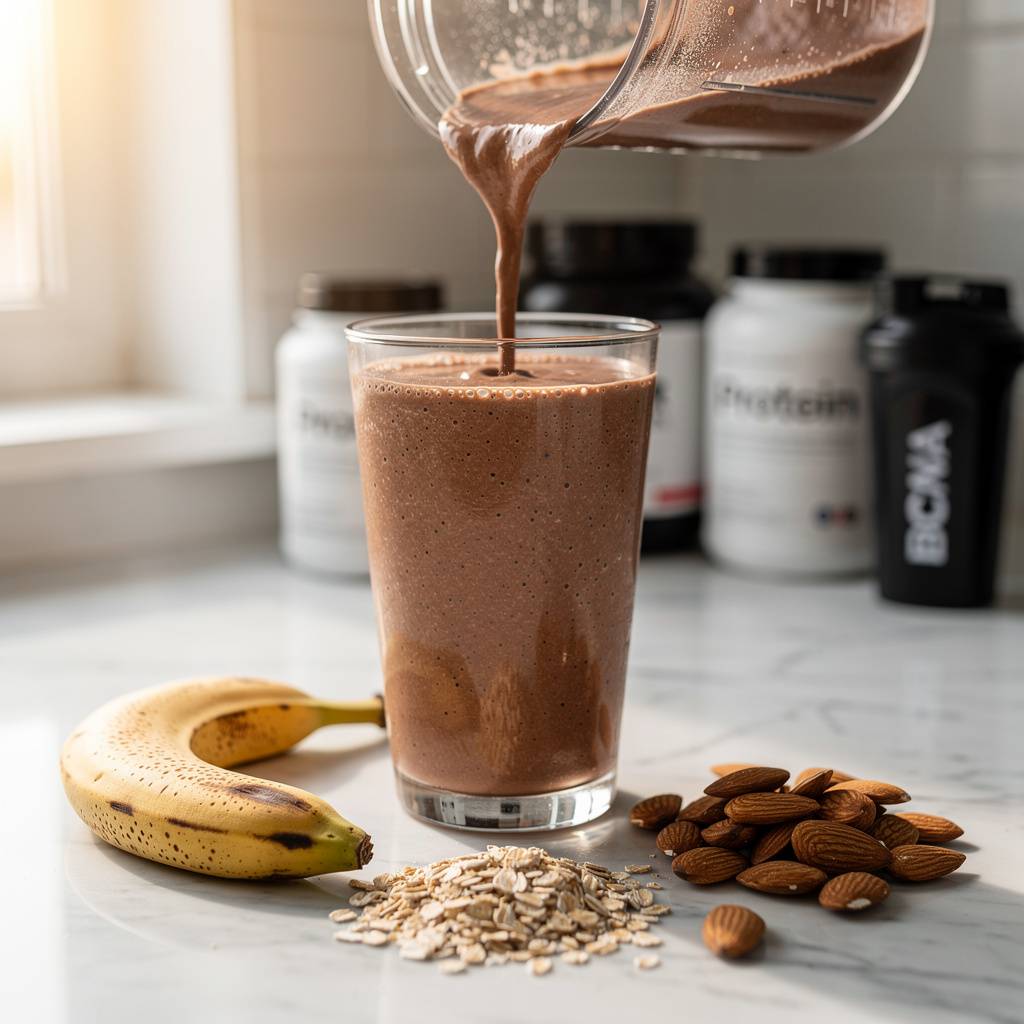 Protein smoothie preparation scene with chocolate banana shake whole banana rolled oats and almonds on white surface