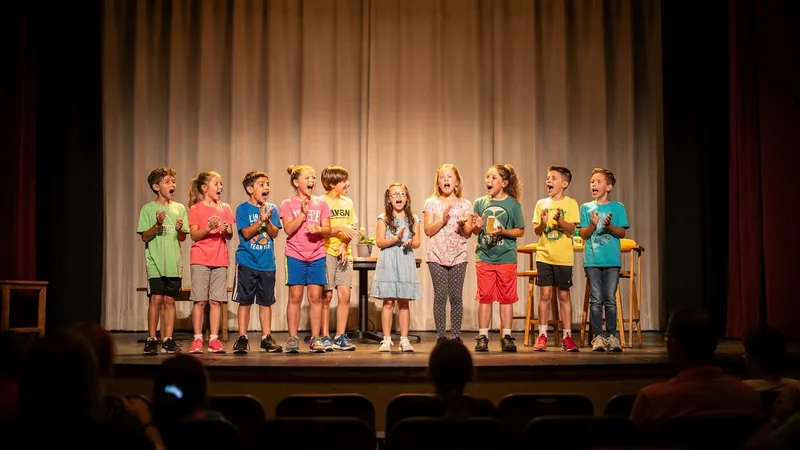 Young people rehearsing on a small stage in a youth theater production