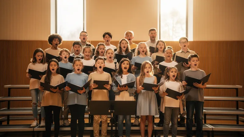 Diverse youth singers rehearsing together in a bright space, part of an organized children's choir program