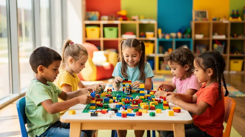 Children building with LEGO-style bricks and robotics kits at an educational table
