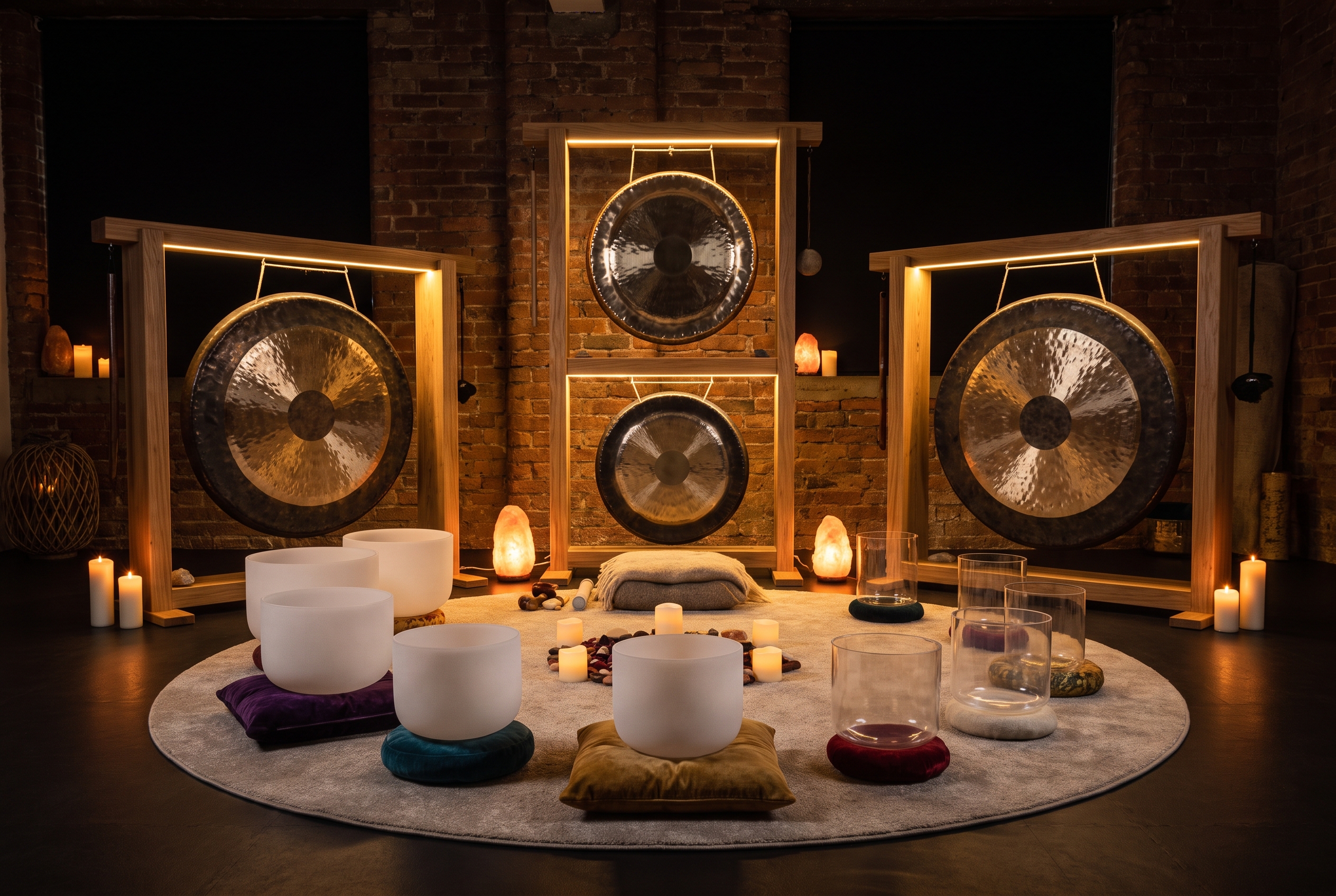 Representative sound temple space with crystal bowls and gongs arranged for a group sound bath session