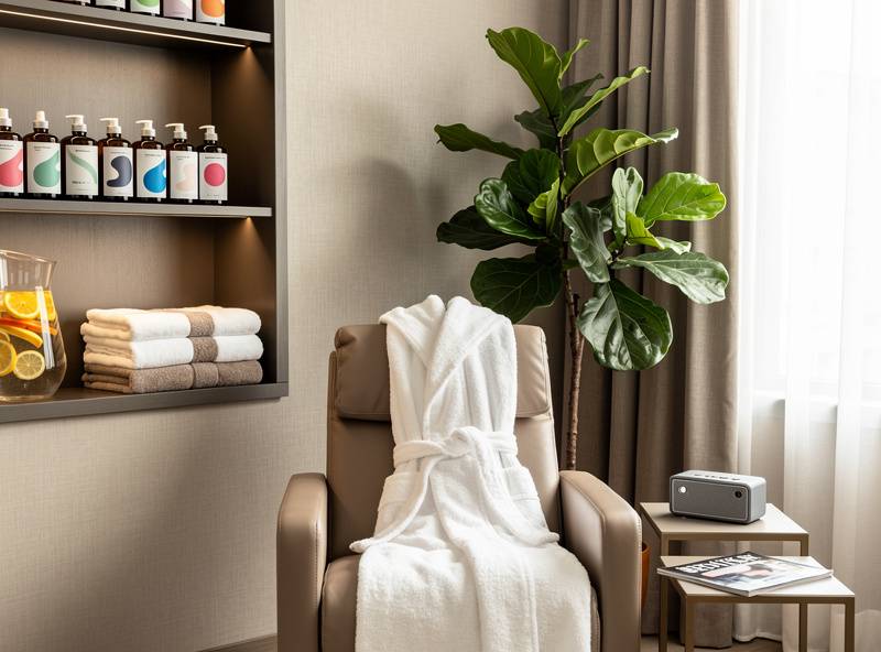 Representative IV hydration treatment room featuring taupe leather recliner, natural light, and organized vitamin infusion supplies