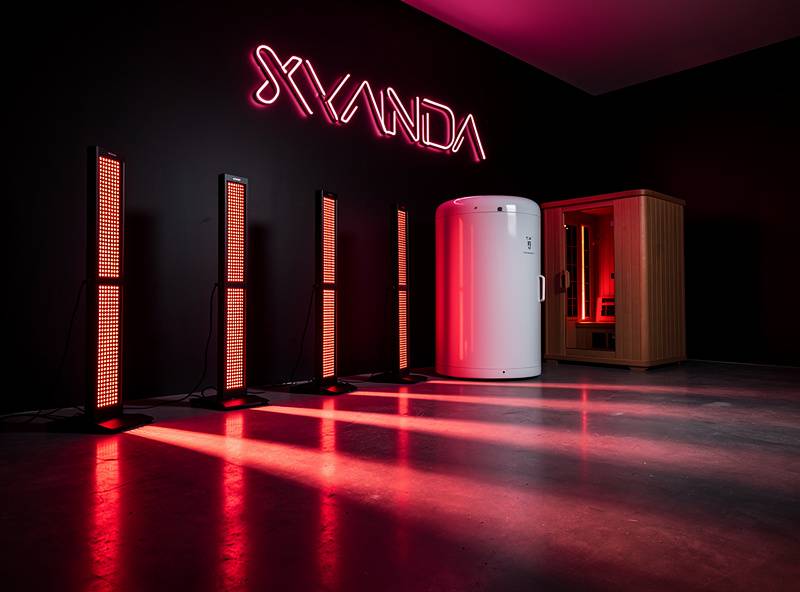 Representative recovery wellness studio featuring deep red LED panel lighting, cryotherapy chamber, and infrared sauna equipment