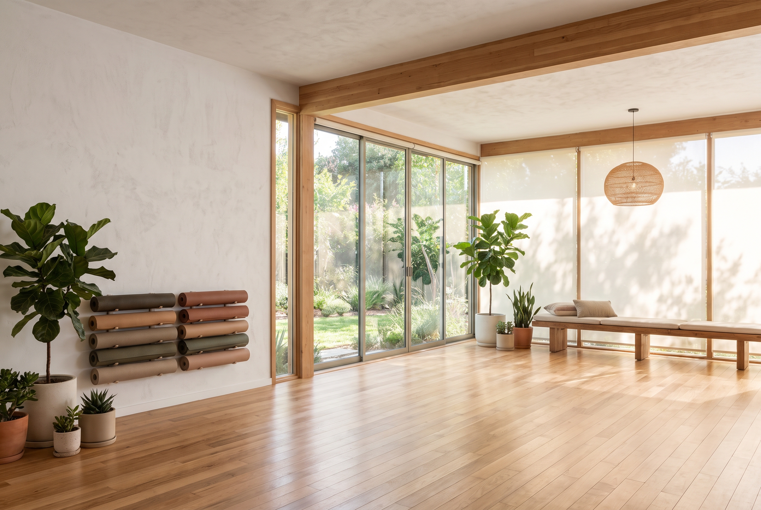 Representative yoga studio interior with warm natural light and a serene atmosphere suitable for sound bath sessions