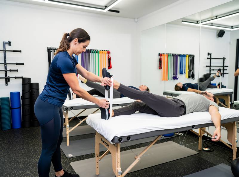 Representative assisted stretching session showing practitioner guiding client through deep stretch using elastic stabilization straps