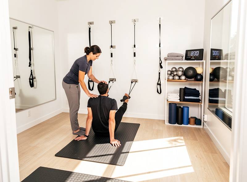 Representative assisted stretching studio featuring wall-mounted anchor bars, rubber flooring, and therapy equipment