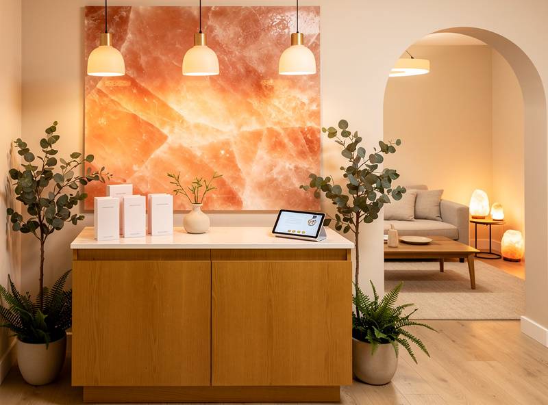 Representative wellness clinic interior featuring Himalayan salt wall panels, warm pendant lighting, and botanical accents