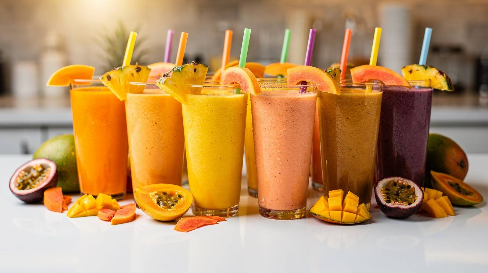 Real fruit smoothie blend with fresh tropical fruit display