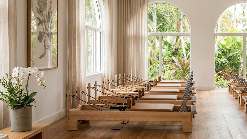 Boutique reformer Pilates studio interior with reformer machines, natural light, and warm neutral tones — editorial representative image
