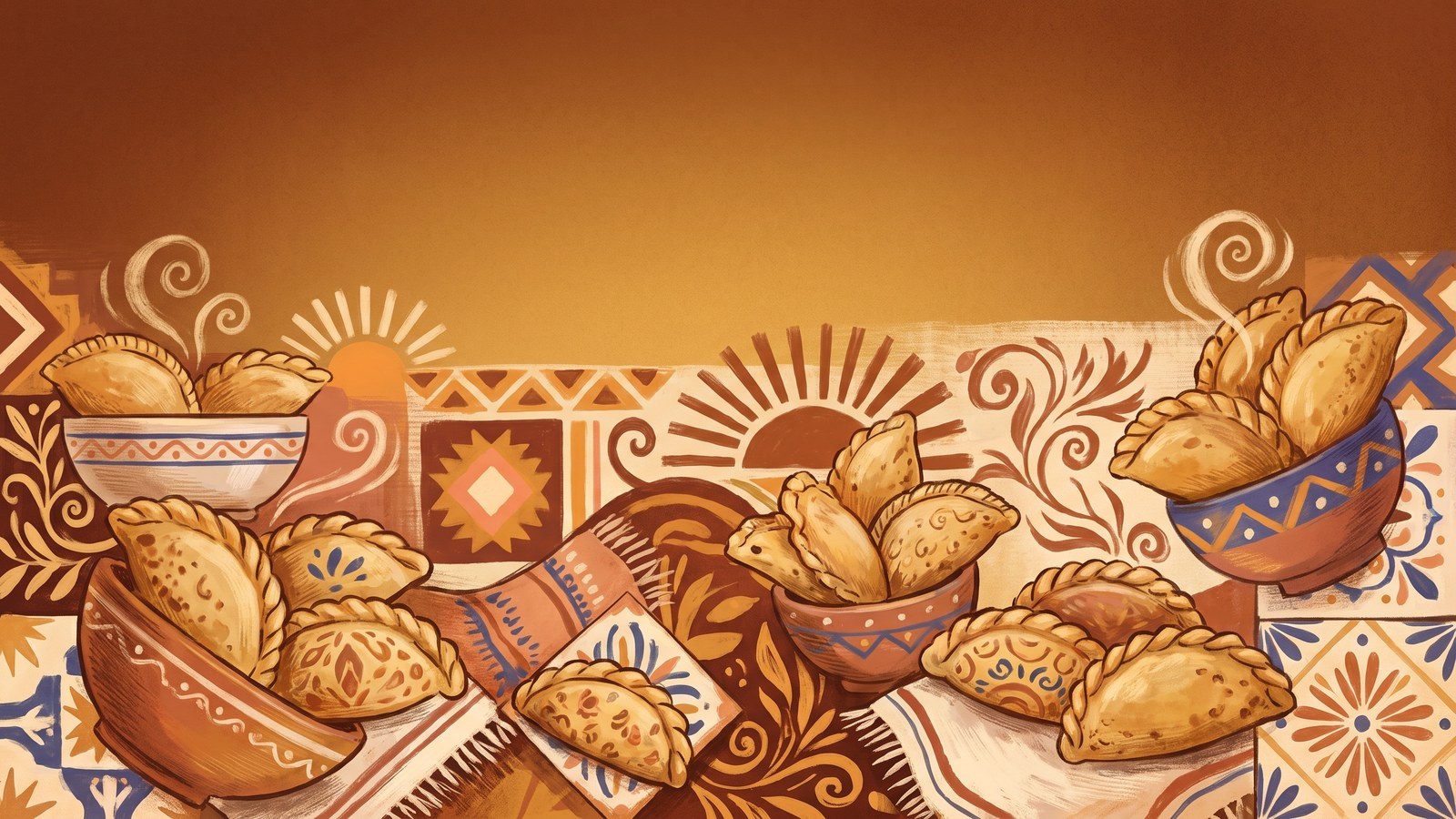 Stylized illustrated arrangement of baked empanadas on a warm amber background