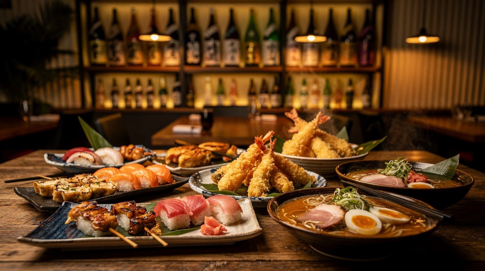 Intimate Japanese izakaya pub atmosphere with warm ambient lighting and sushi selection