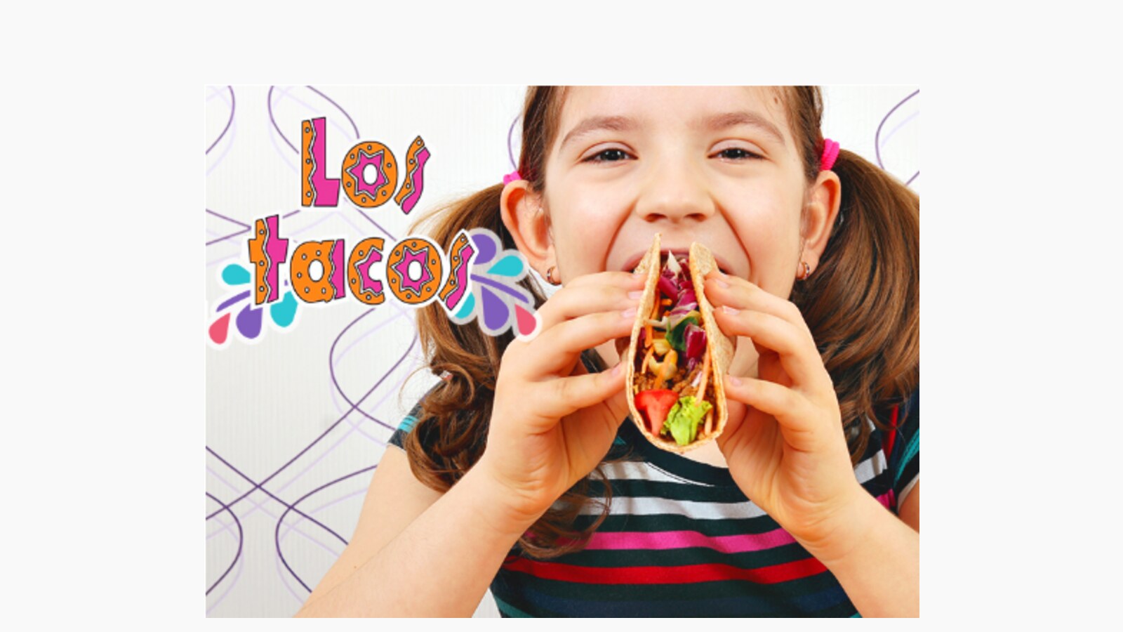 Young girl happily biting into a fresh taco beside the colorful Los Tacos logo — authentic Mexican restaurant on Pines Boulevard, Pembroke Pines