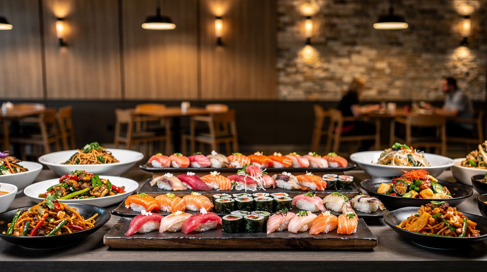 Traditional Japanese restaurant with large sushi bar featuring nigiri, maki rolls, and sashimi