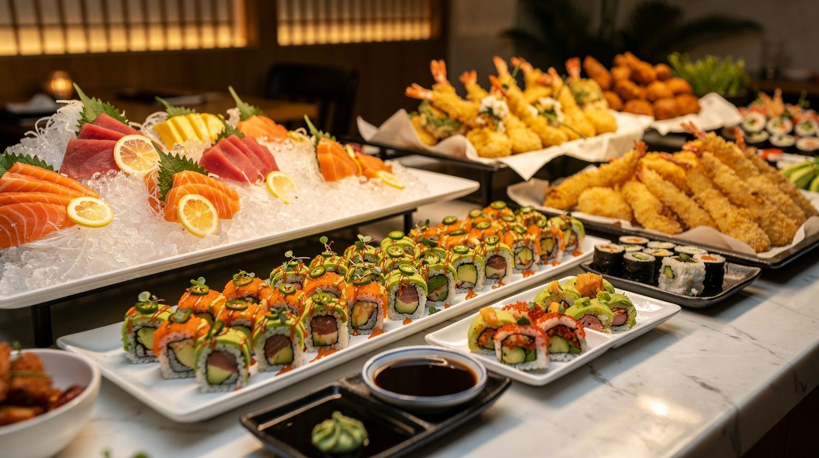 Japanese buffet spread featuring creative sushi rolls and diverse menu offerings