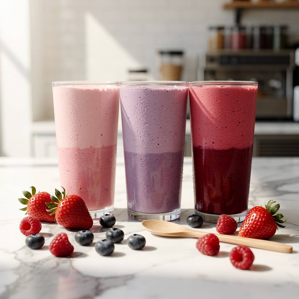 Three layered berry smoothies in clear glasses beside scattered strawberries blueberries and raspberries