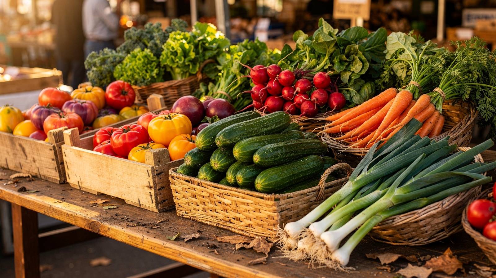 Rustic wooden crates filled with colorful heirloom tomatoes, peppers, and leafy greens at an outdoor market