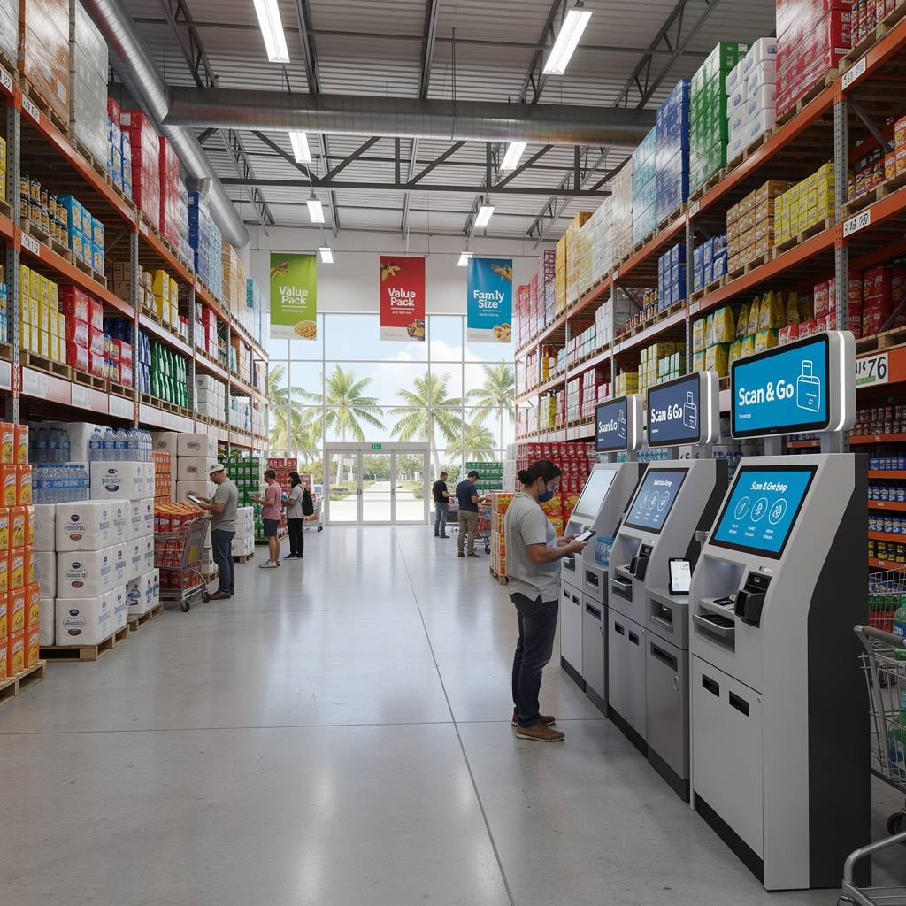 Warehouse club interior with bulk groceries and family-size packaging