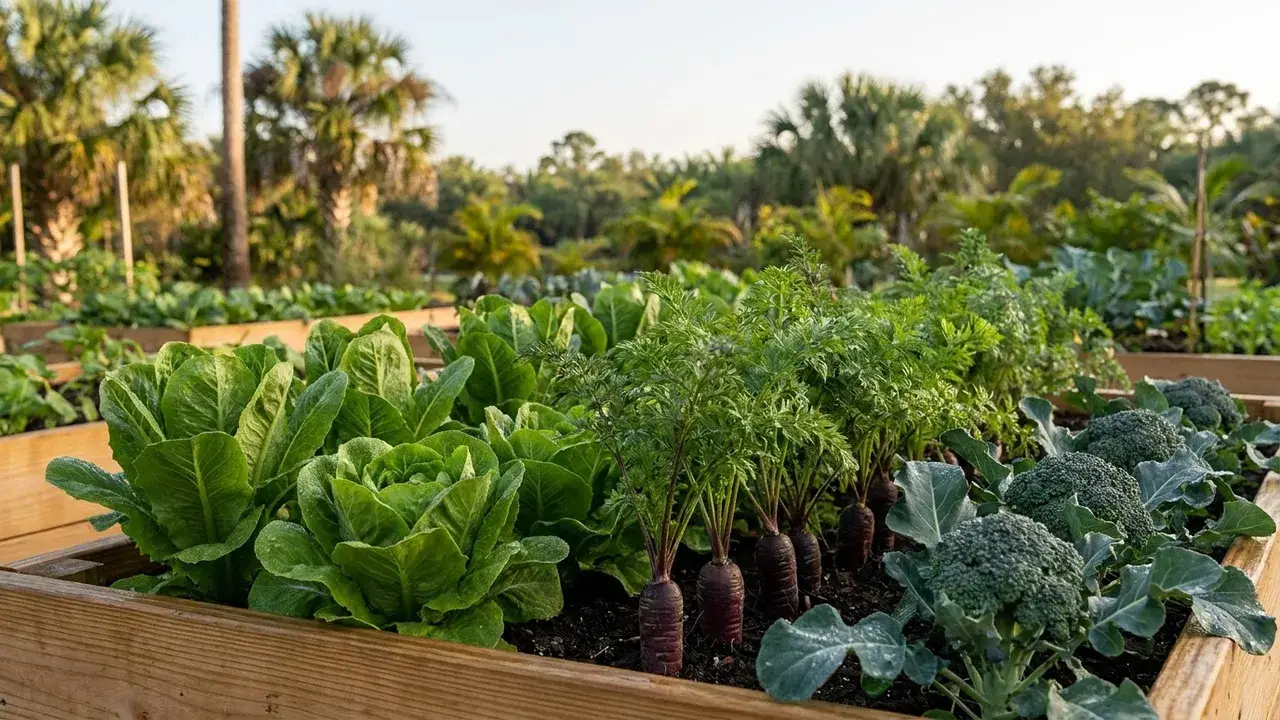 Cool season vegetables: lettuce, broccoli, carrots, and peas growing in raised beds