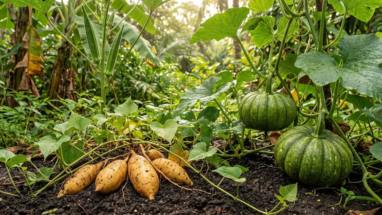 Summer tropical crops: sweet potato, calabaza pumpkin, and okra in South Florida heat