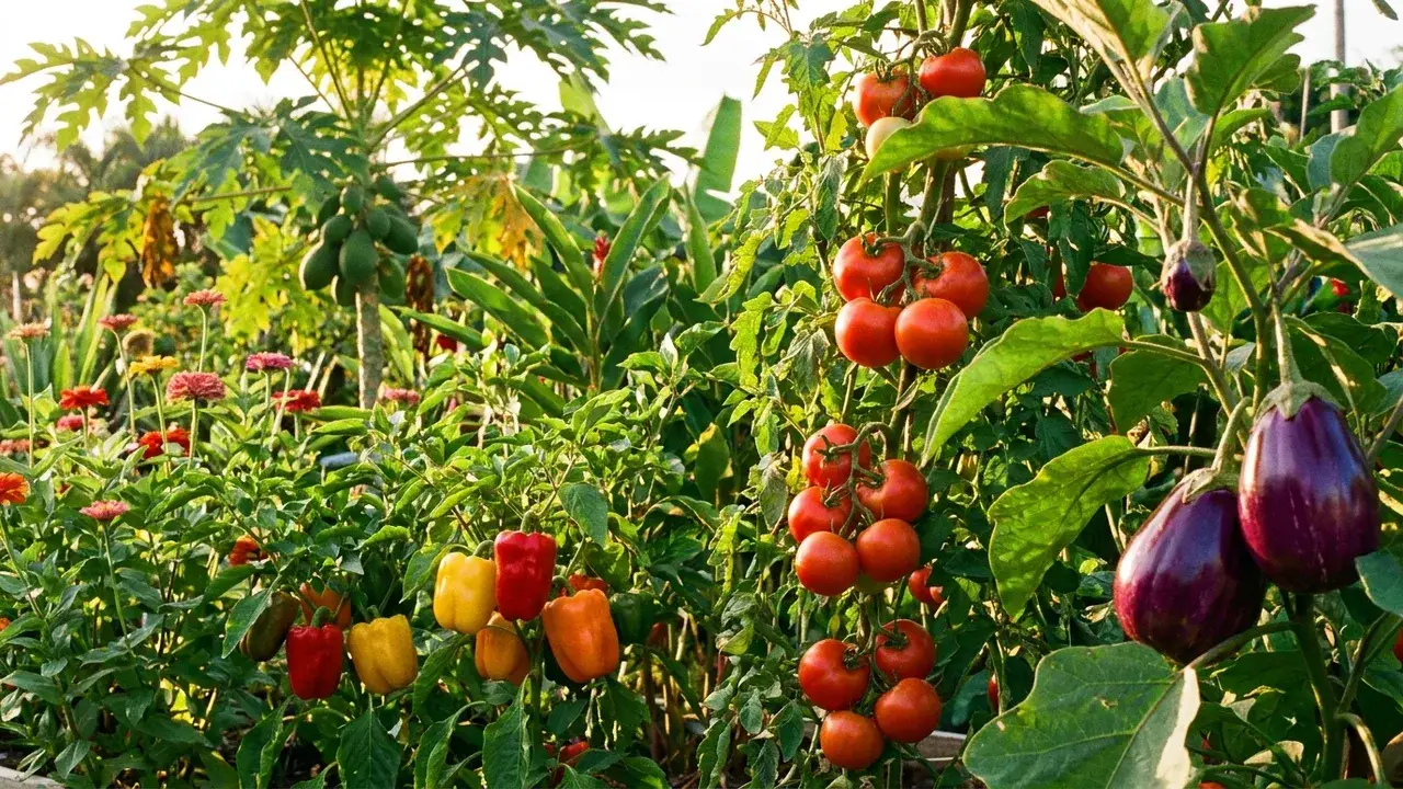 Warm season vegetables: tomatoes, bell peppers, and eggplants in South Florida garden