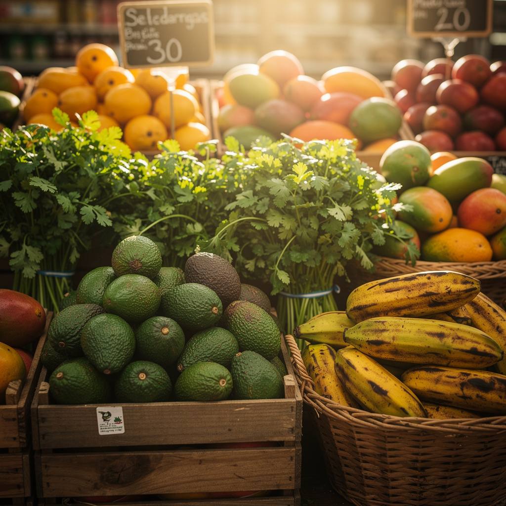 Hispanic grocery produce section with vibrant tropical fruits and fresh vegetables