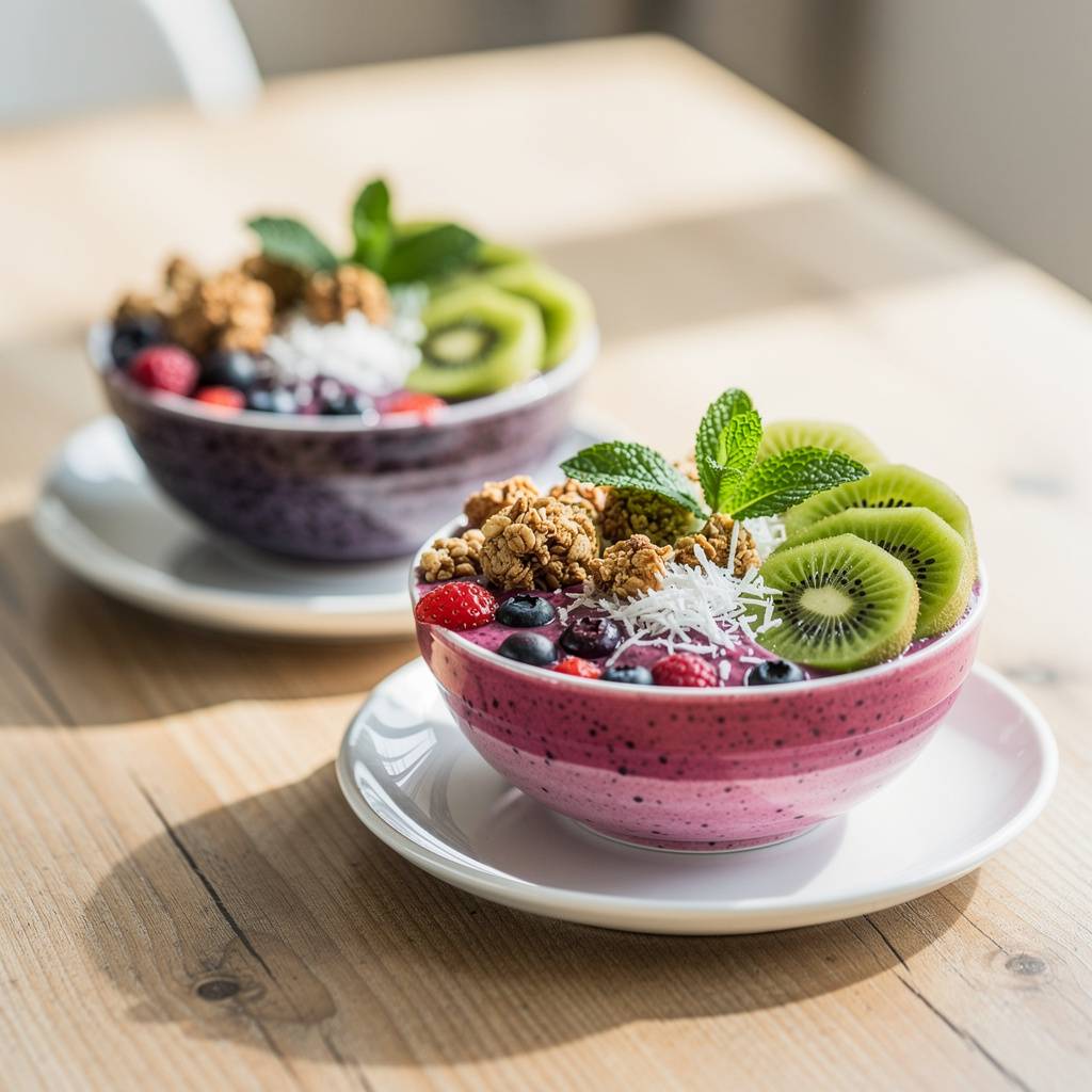 Three ceramic bowls filled with thick blueberry-strawberry-raspberry smoothie base topped with granola coconut and sliced kiwi