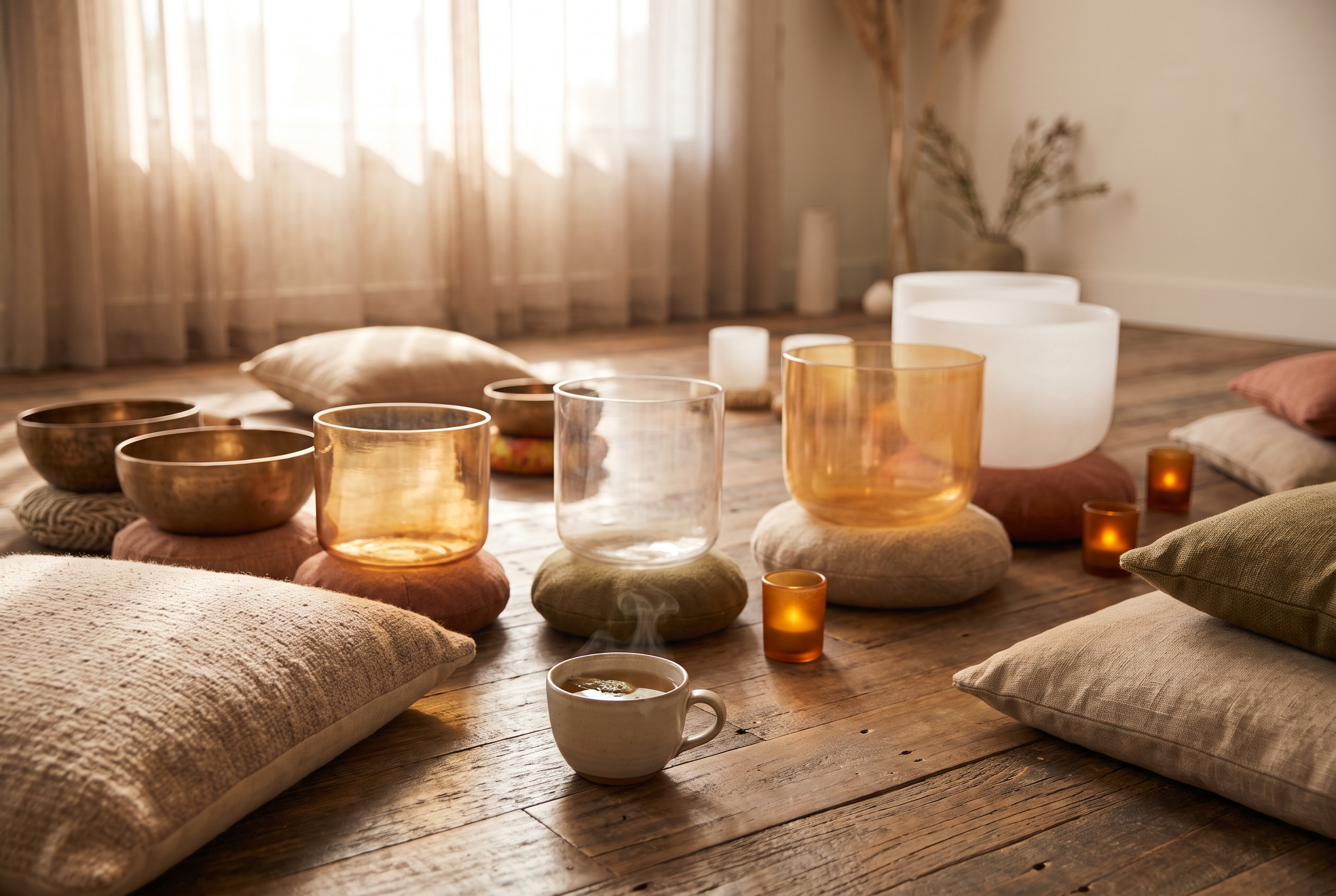 Singing bowls arranged for a sound therapy session, representing the instruments commonly used in local wellness centers.
