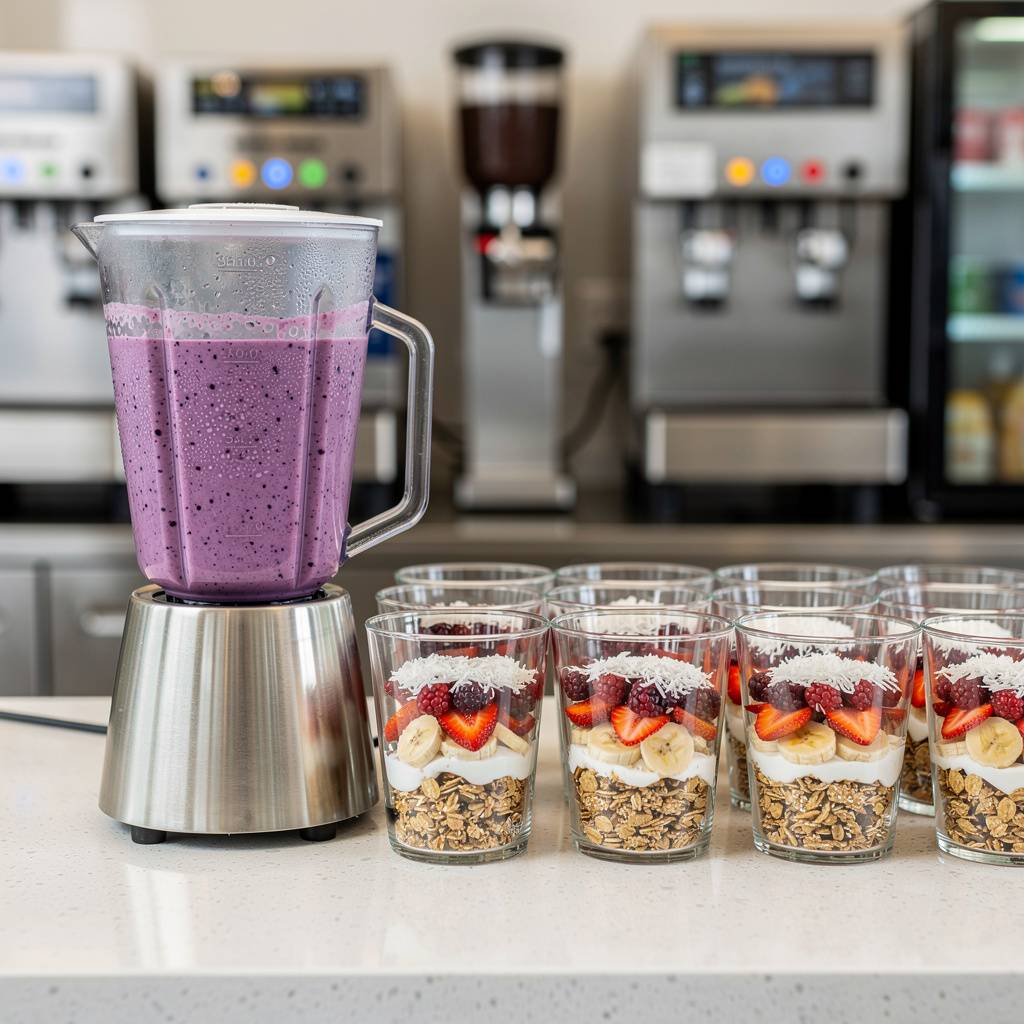 Blender filled with purple smoothie beside glass cups of granola fresh strawberries bananas and coconut flakes