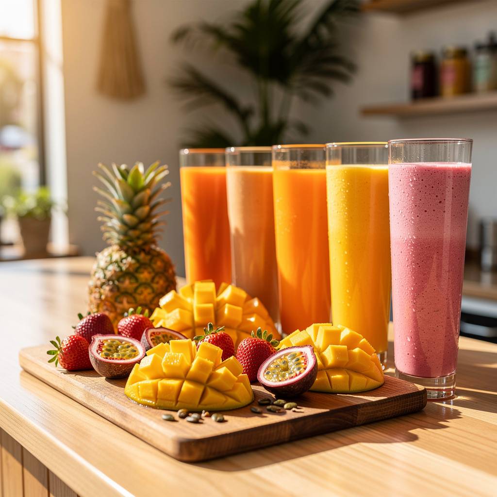 Vibrant mango pineapple strawberry passion fruit arrangement beside tall glasses of layered tropical smoothies in orange yellow and pink gradients